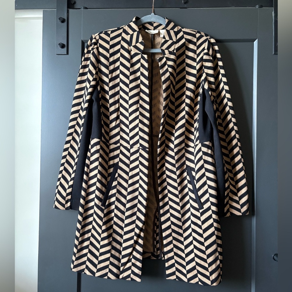 Chico's Black and Tan Chevron Long Blazer, Cardigan Coat